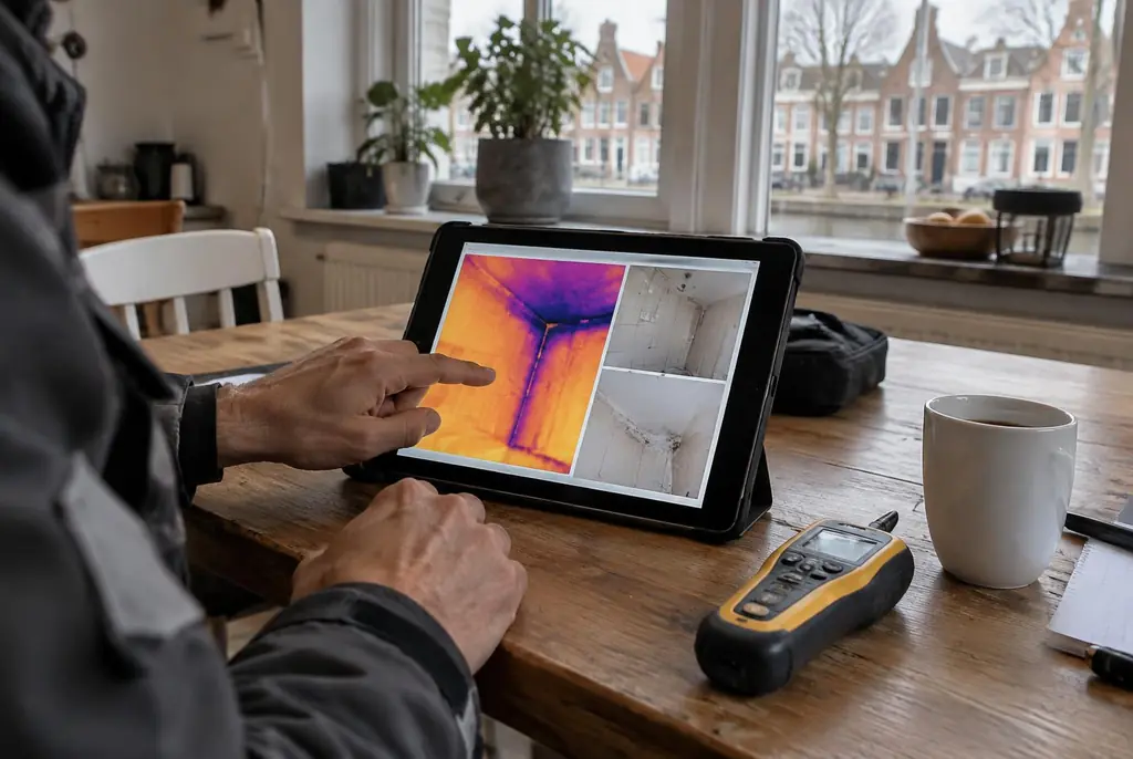 Lekdetectie Werkhoven – lekdetectierapport met warmtebeelden en foto's op een tablet