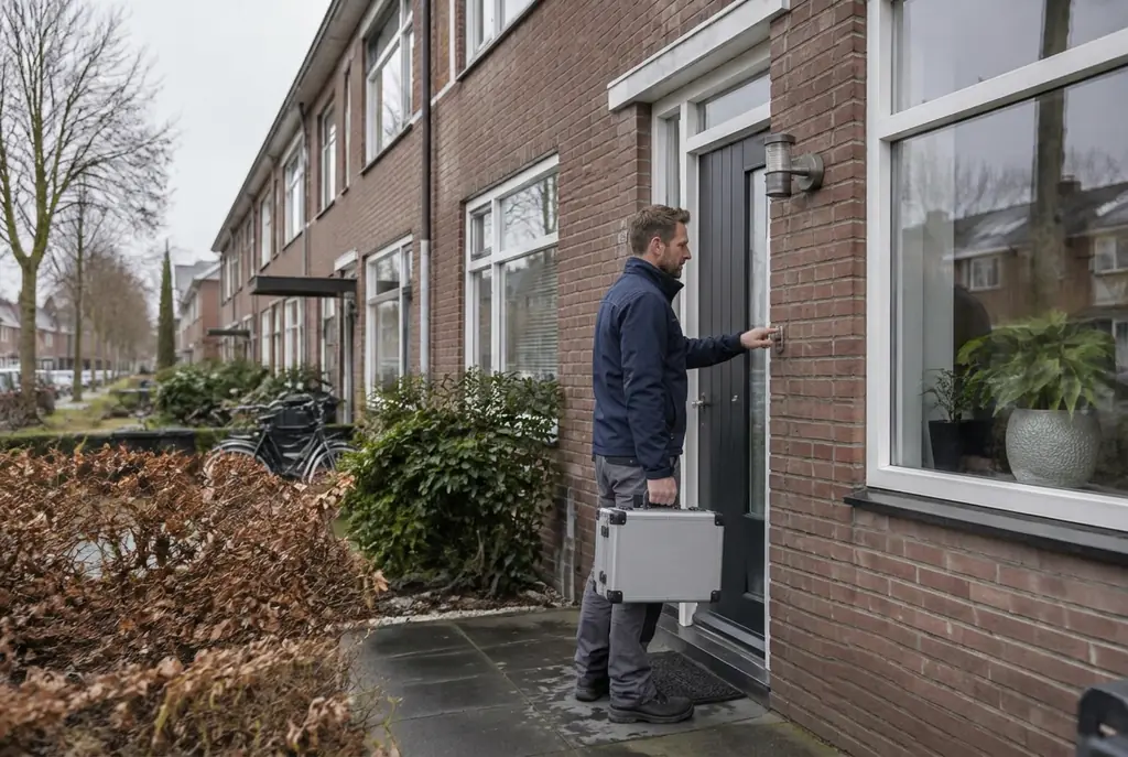 Lekdetectiespecialist met meetkoffer bij de voordeur van een woning in Werkhoven